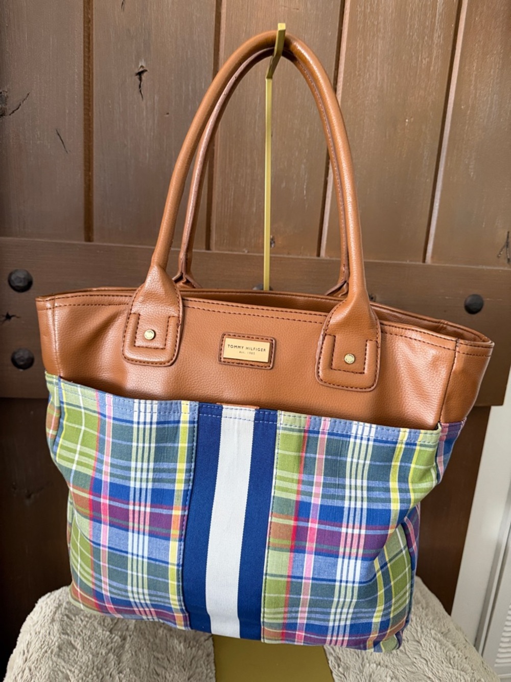 Tommy Hilfiger Plaid Tote with Brown Leather Trim and Navy Stripe Vintage Y2K